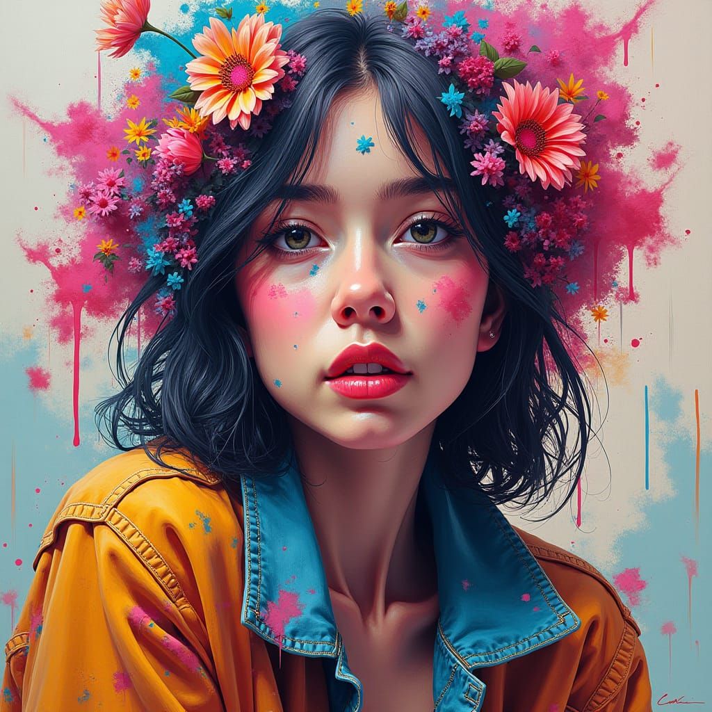 Vibrant Street Art Portrait of a Young Woman in a Kaleidosco...