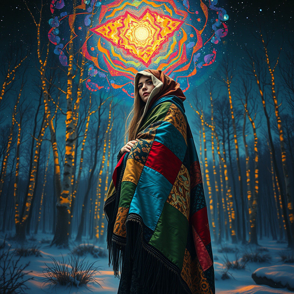 Mystical Woman in Vibrant Winter Wonderland