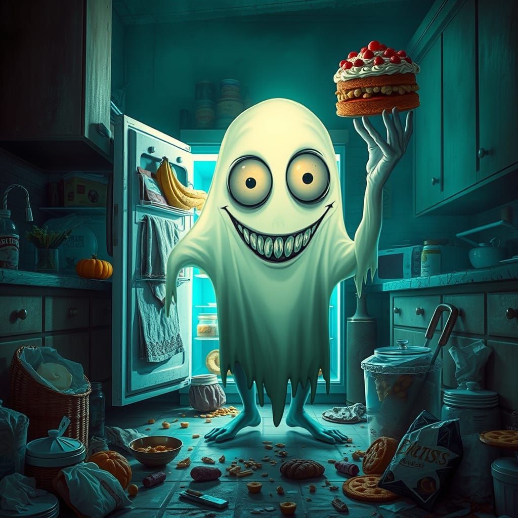 Whimsical Poltergeist in Kitchen Chaos, Cake in Hand