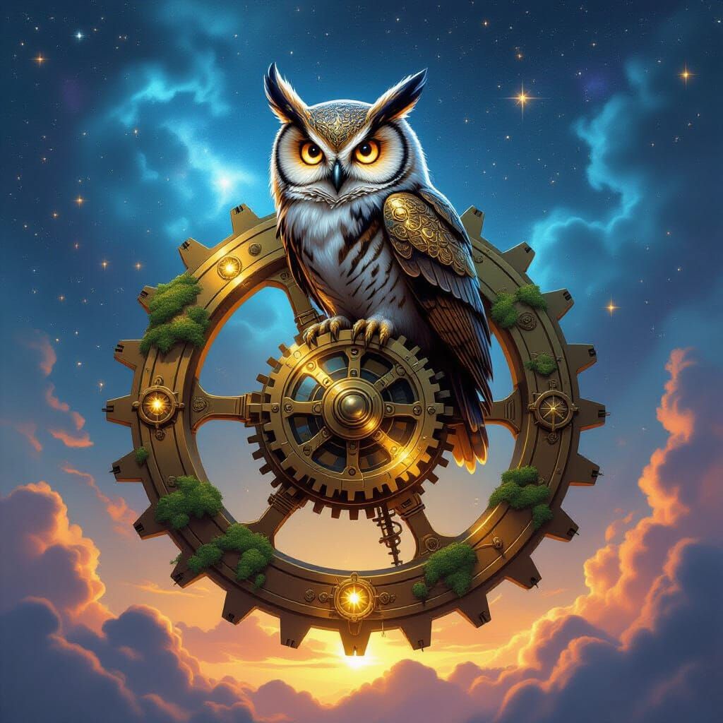 Clockwork Owl in Nebula Sky, Steampunk Illustration