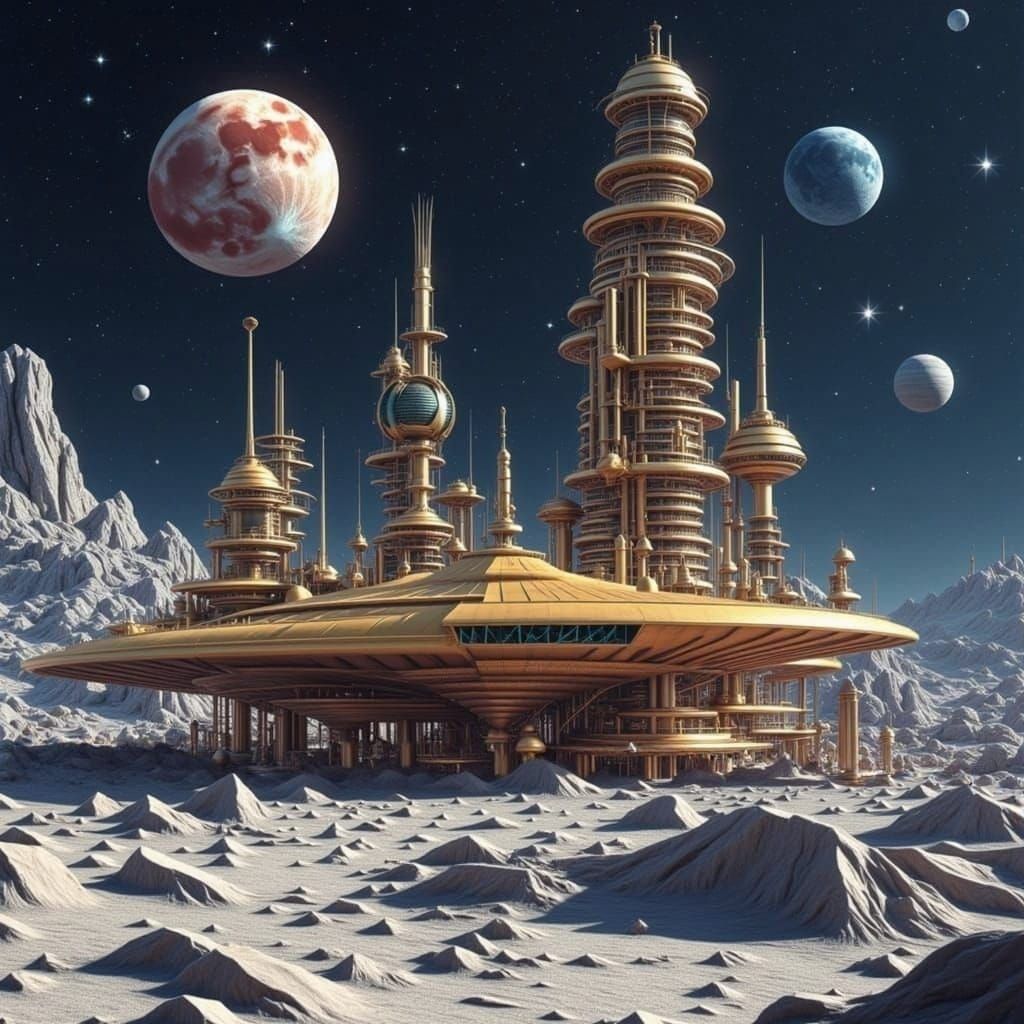Surreal Futuristic Metropolis on the Moon in Vibrant Solar P...