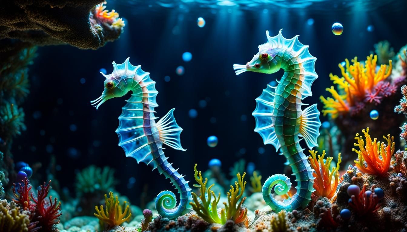 Vibrant Glass Seahorses in Oceanic Depths