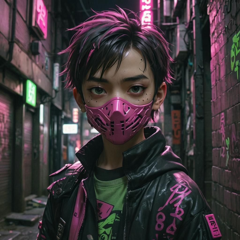 Cyberpunk Portrait of a Young Boy with a Mask in a Gritty Ur...