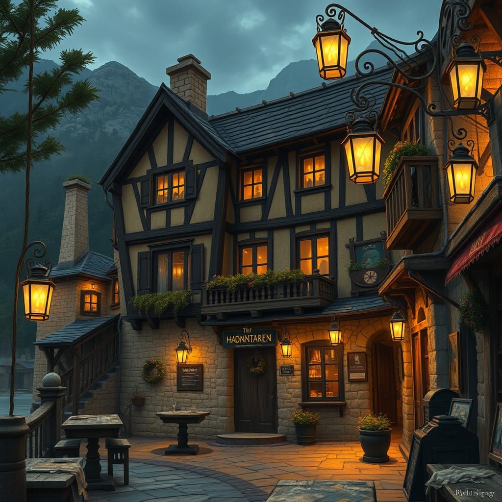 Cozy Tavern Overlooking Harbor District in Digital Art Style