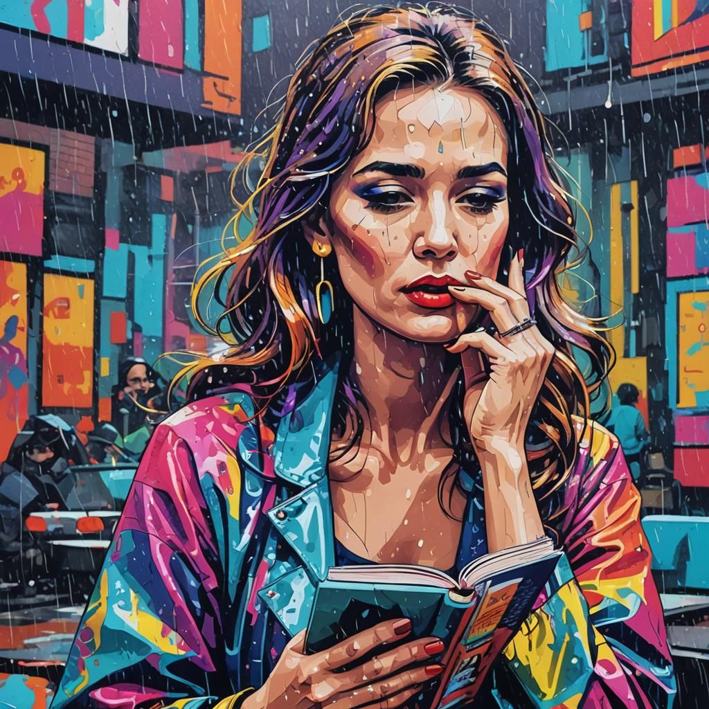 Vibrant Lady in Rainy Mood Captured in Bold Pop Art