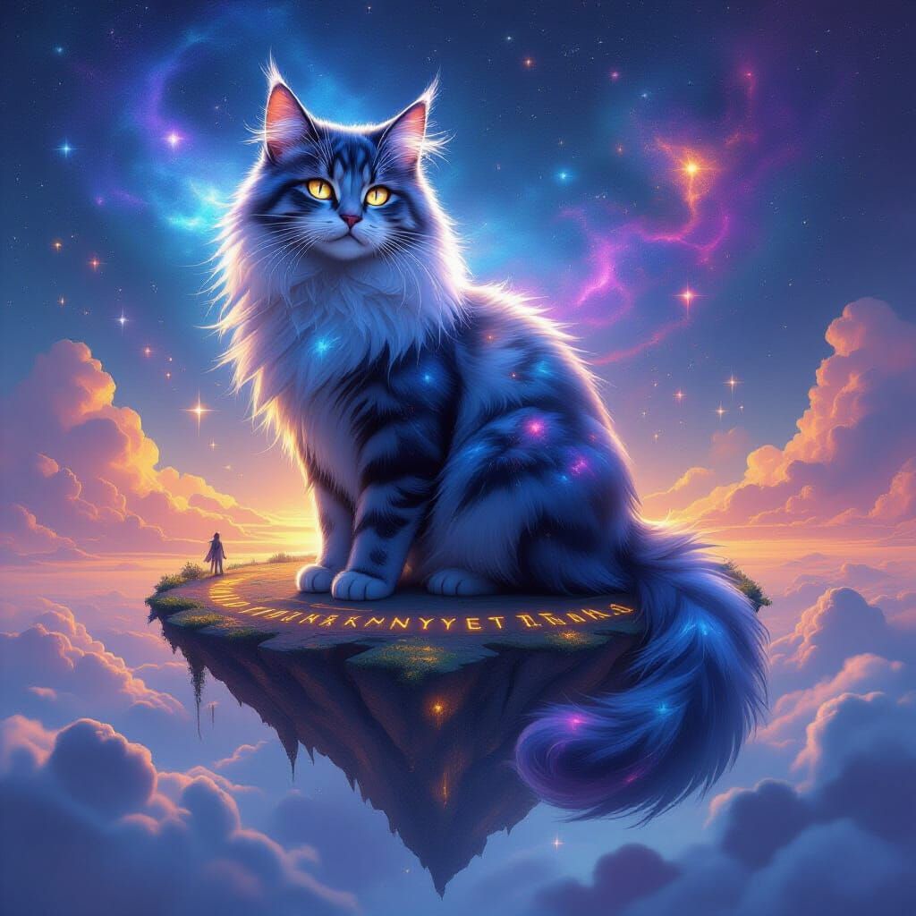 Cosmic Cat on Floating Island, Fantasy Art