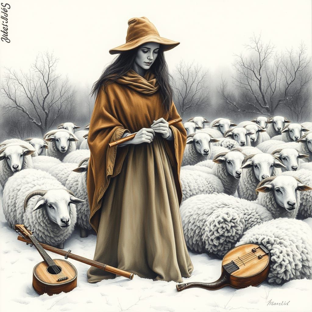 Shepherdess in Winter Wonderland, Charcoal Drawing