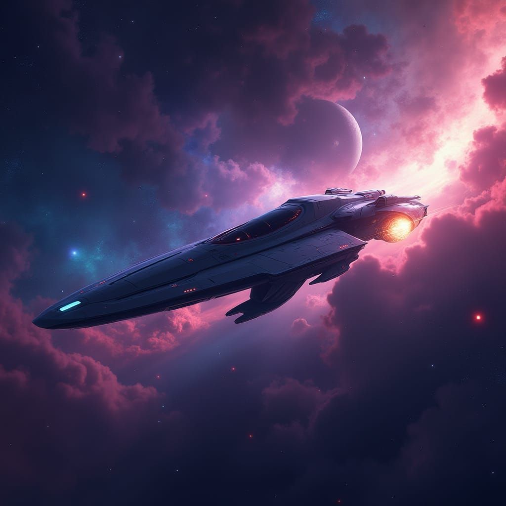 Futuristic Spacecraft Gliding Through Nebula, Digital Painti...