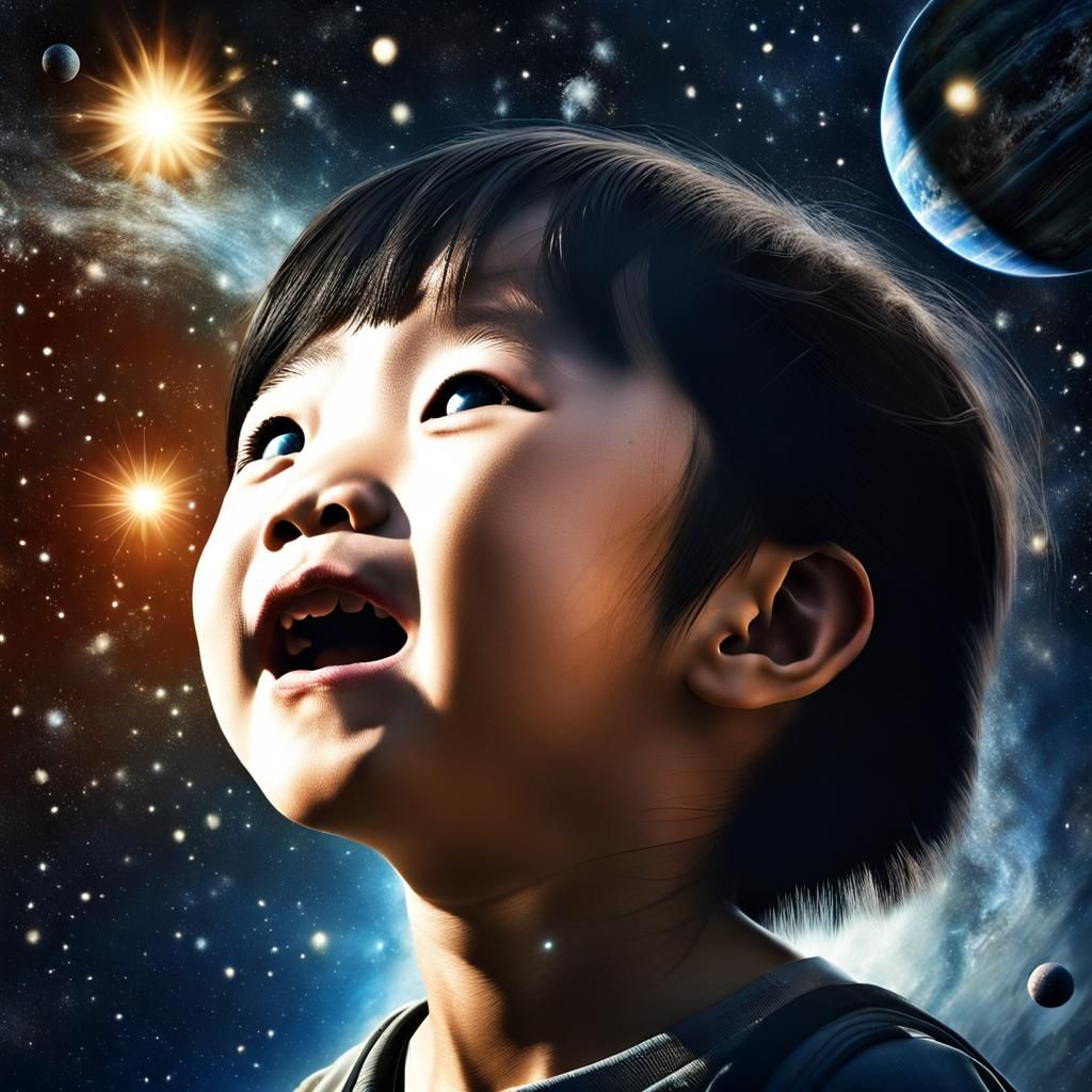 A Young Girl gazes in Wonder at the Starry Night Sky