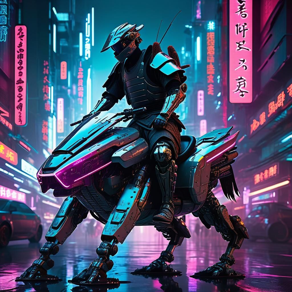 Futuristic Warrior on Cybernetic Steed in Neon Cityscape