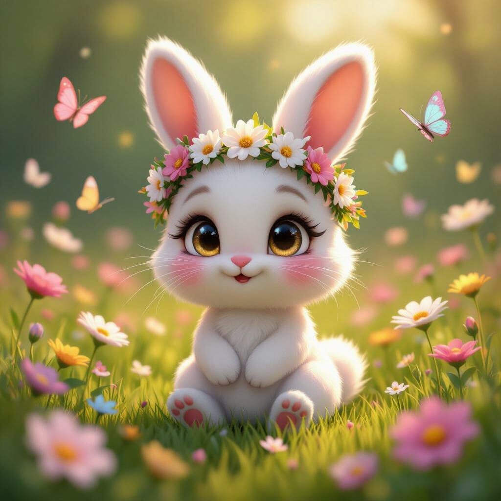 Charming Chibi Rabbit in Pastel Flower Meadow