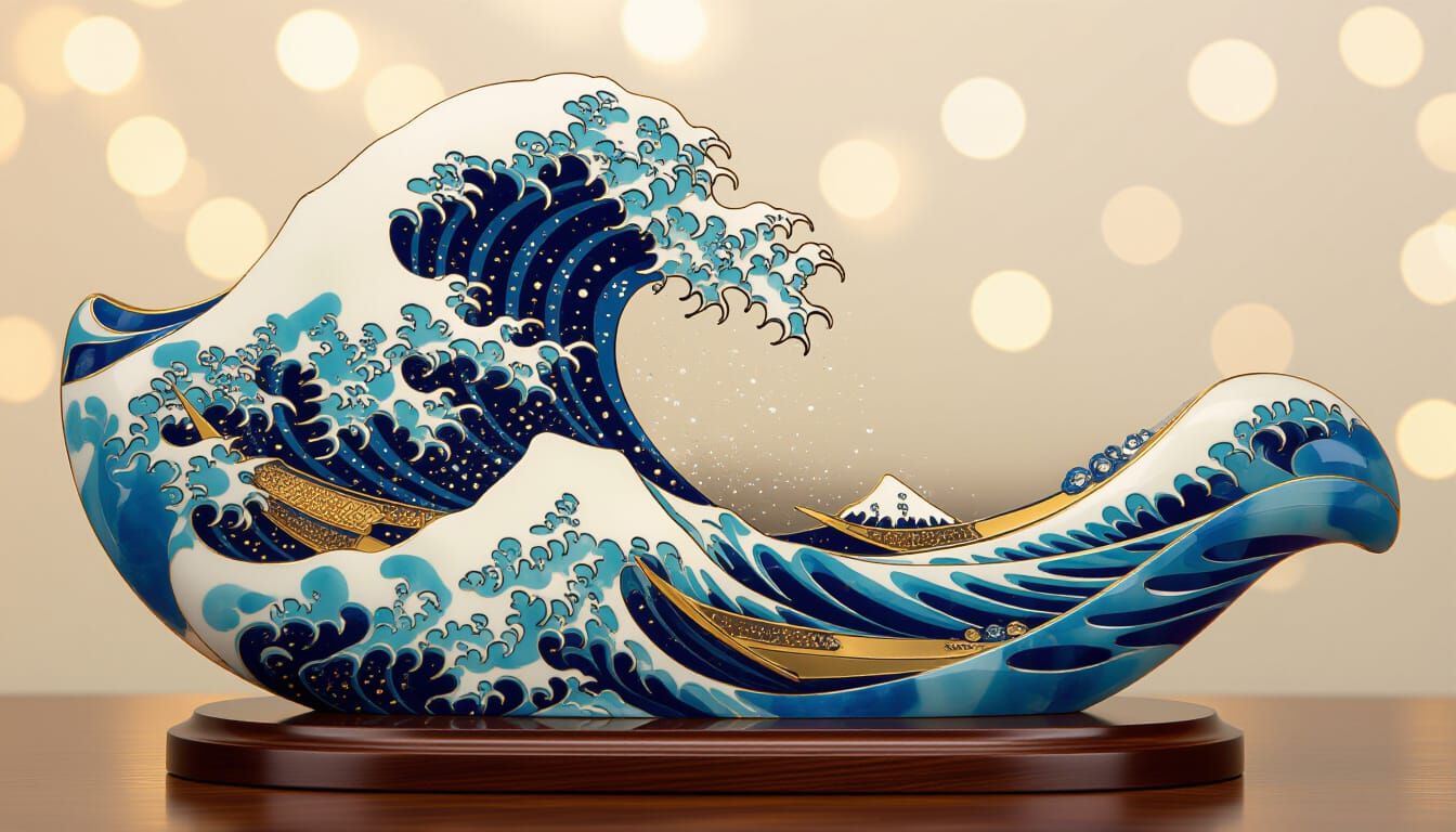 Mahogany Wave Sculpture with Gold and Jade