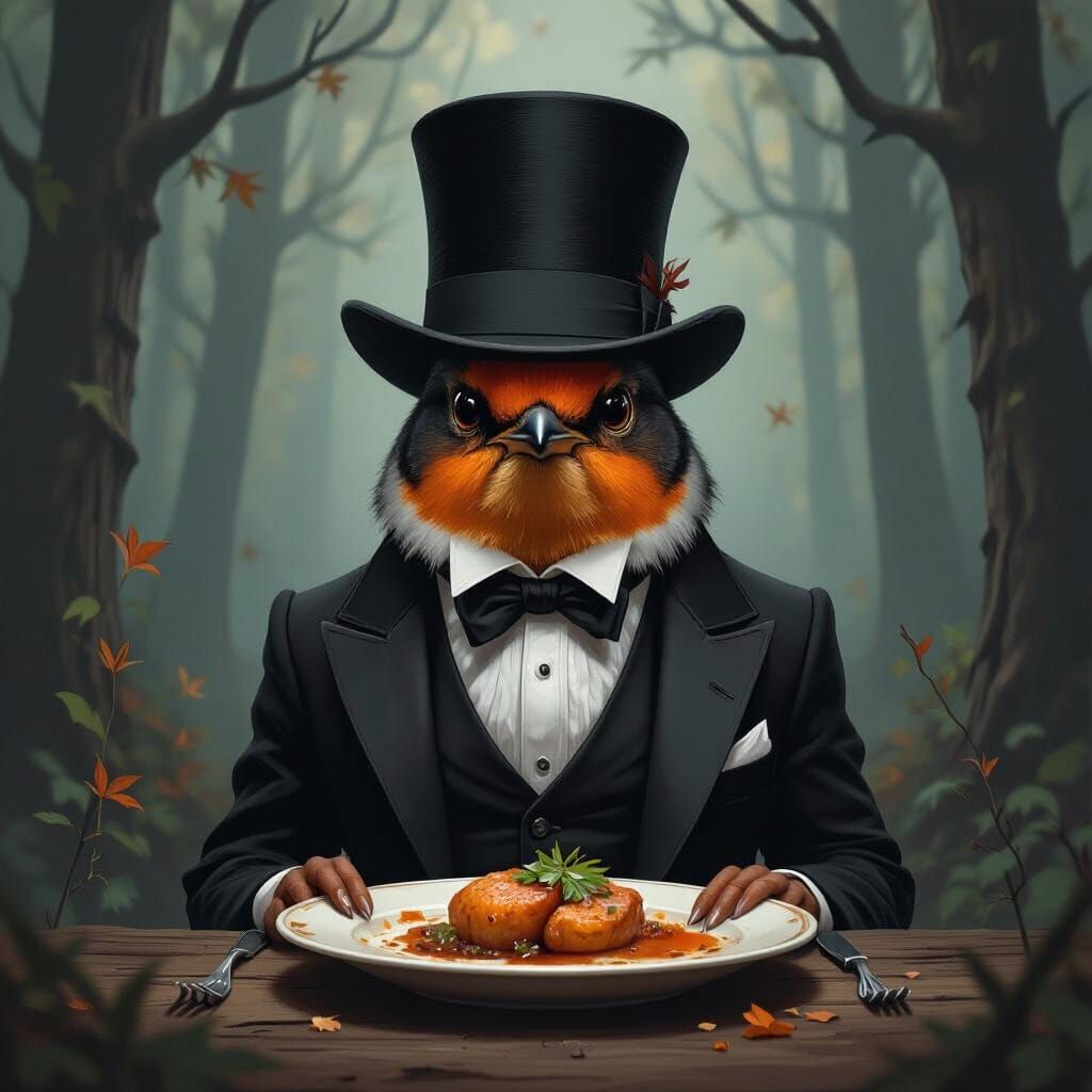 Robin in Top Hat Enjoys Dinner, Digital Art