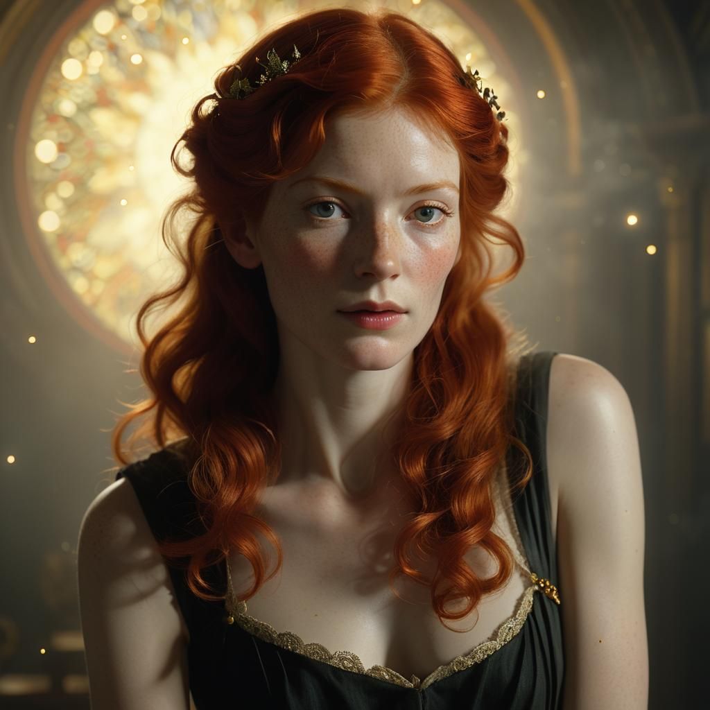 Ethereal Red-Haired Woman Portrait in Textured Speedpaint St...