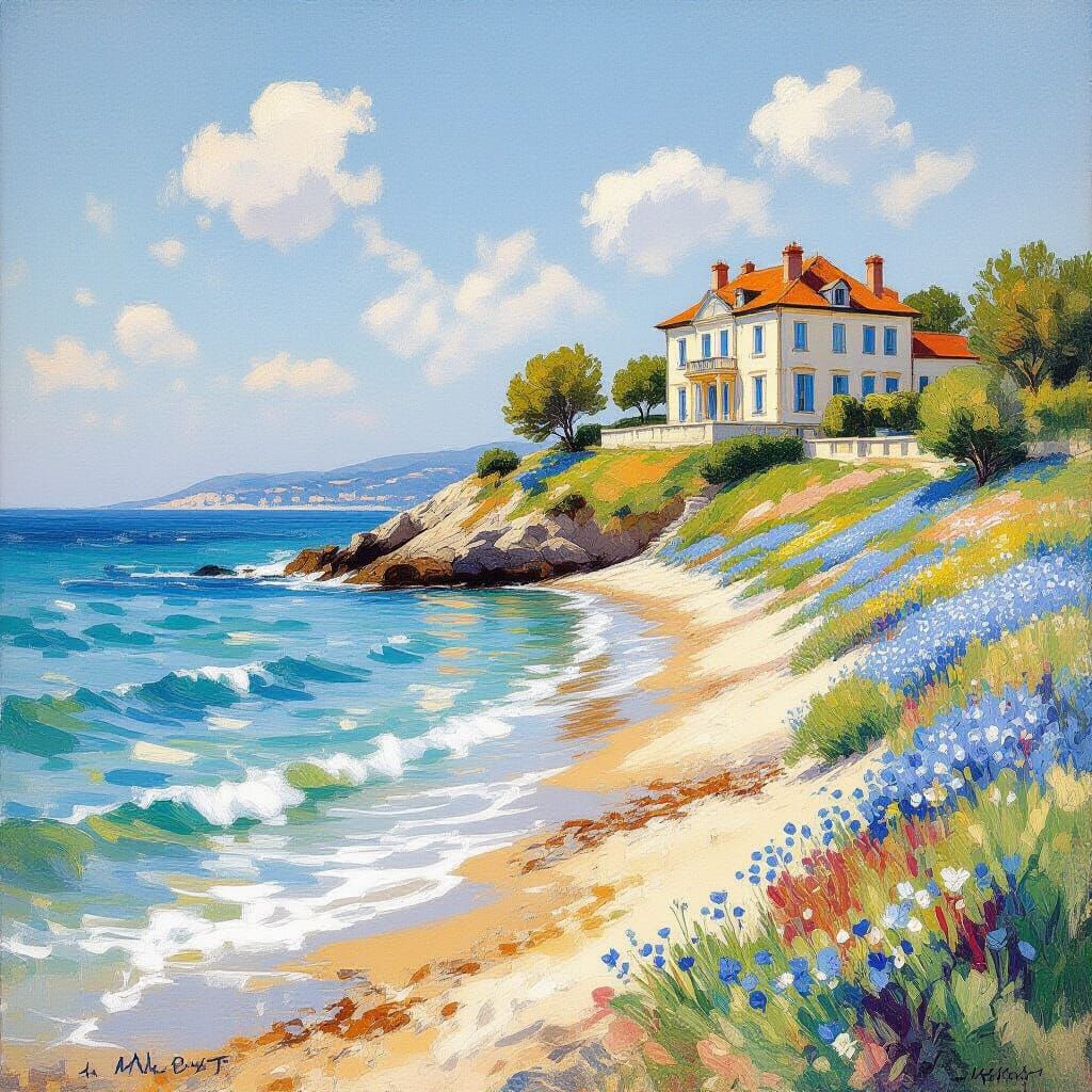 Impressionist Seascape with Manor House and Blue Blossoms