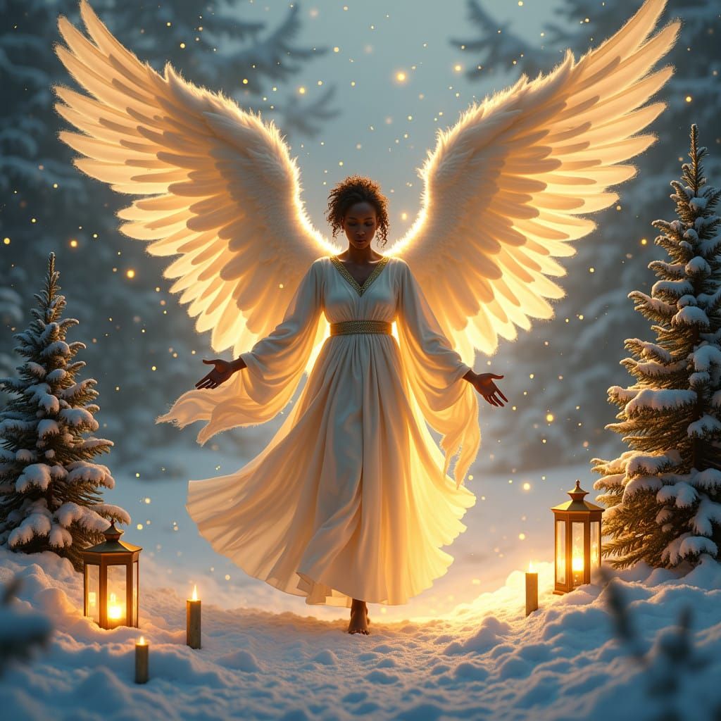 Regal African American Angel in Majestic Christmas Snowscape