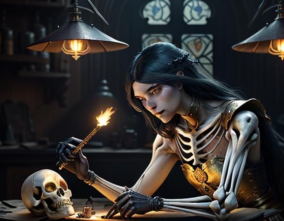 Dark Fantasy Art: Female Furry Skeleton Crafts Masterpiece a...