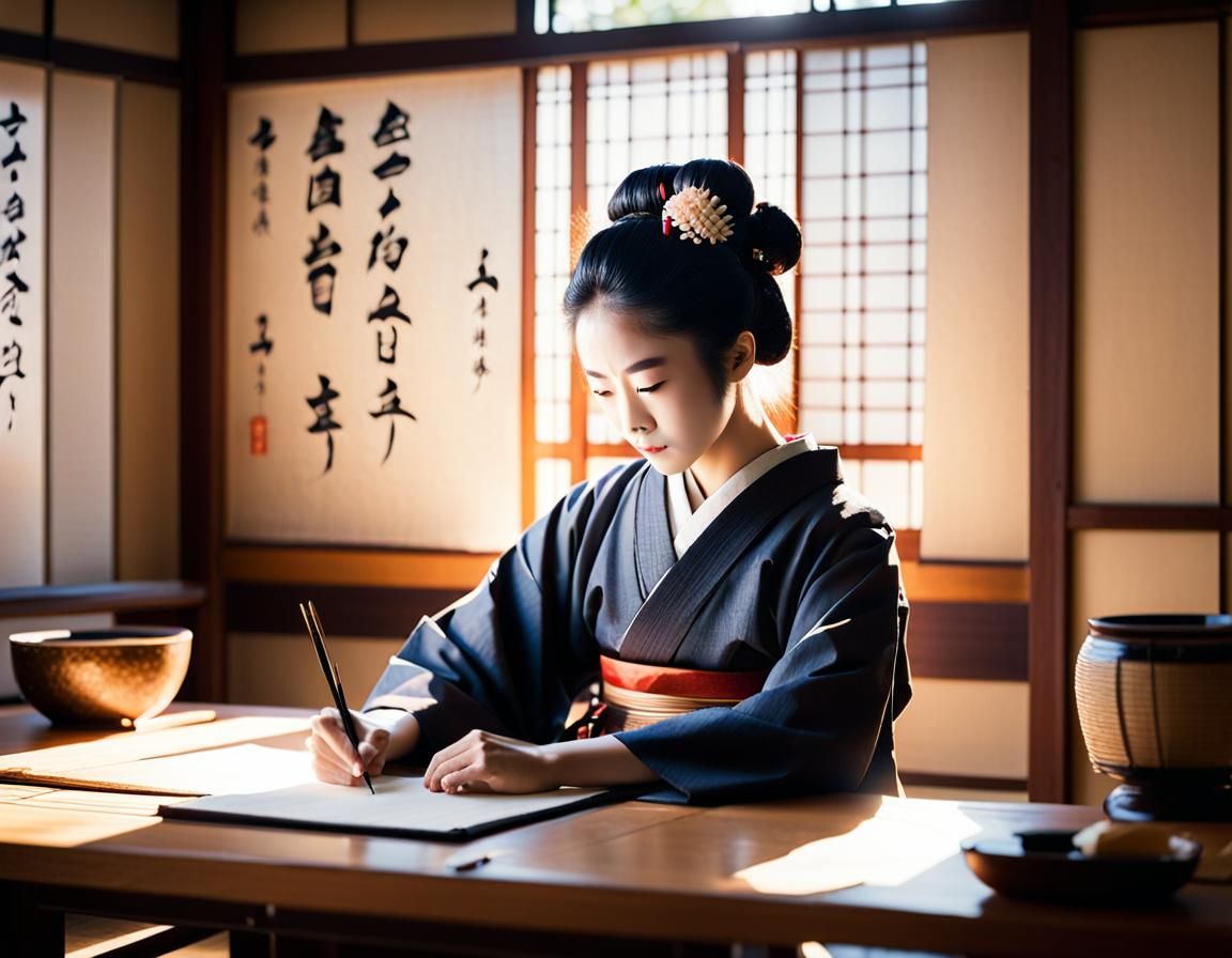 Tranquil Japanese Calligraphy Scene in Warm Morning Light
