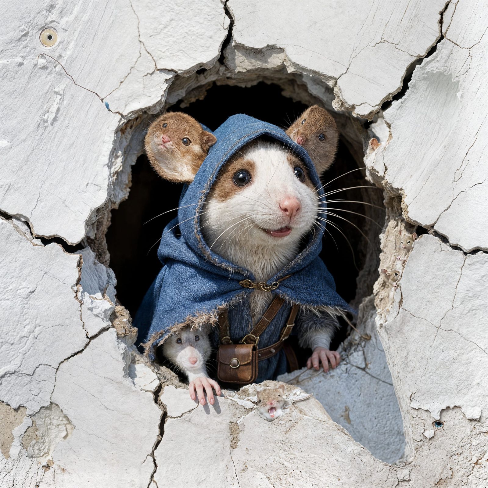 Mouse in Cloak Peeking from Cracked Wall