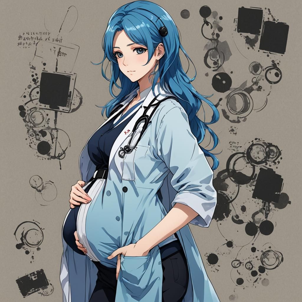 Pregnant Anime Doctor in Blue Attire