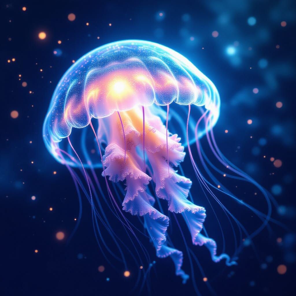 Bioluminescent Jellyfish Drifting in Cosmic Nebula