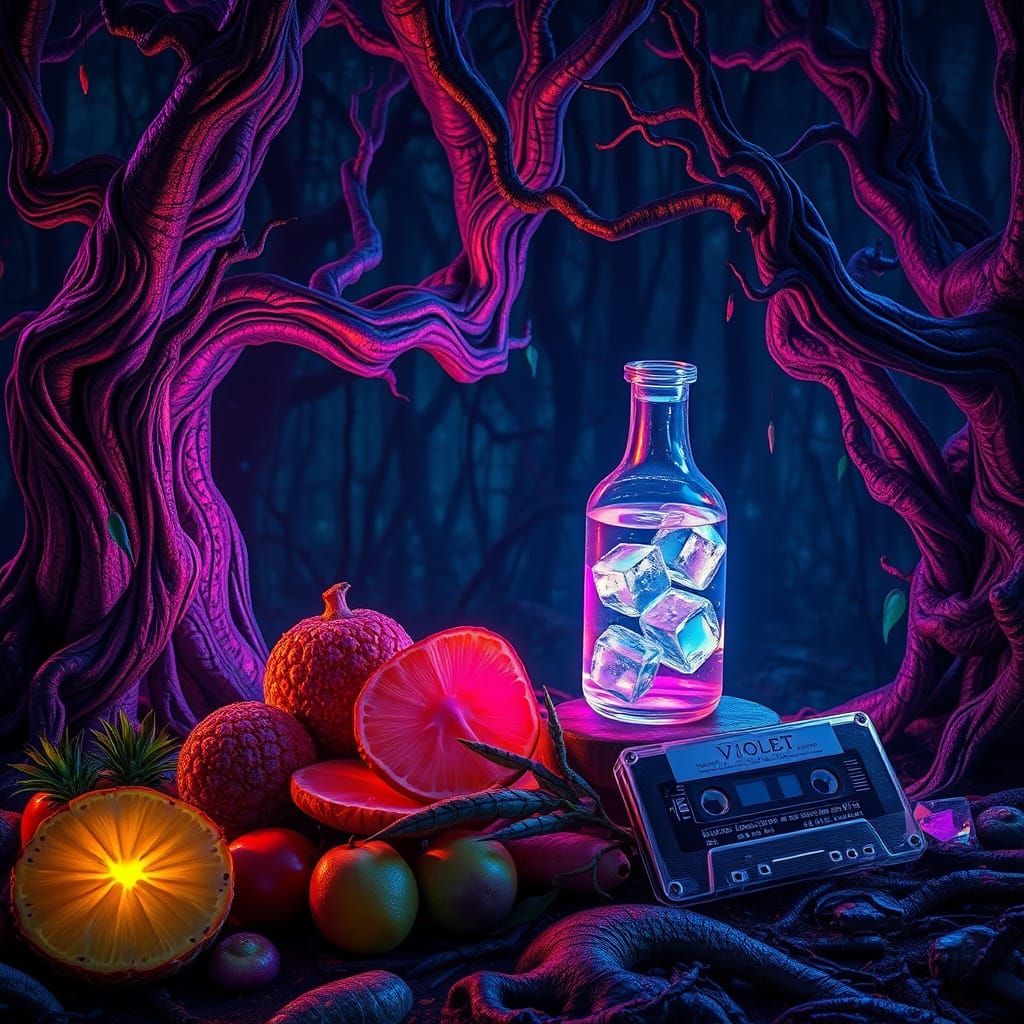 Surreal Forest of Twisted Trees and Glowing Mutated Foods