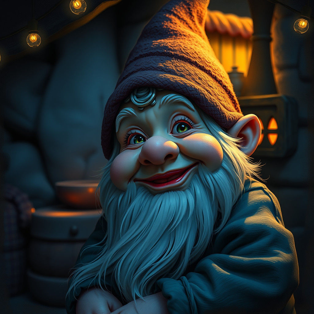 Happy Dwarf in Incandescent Cottage, Gouache Painting