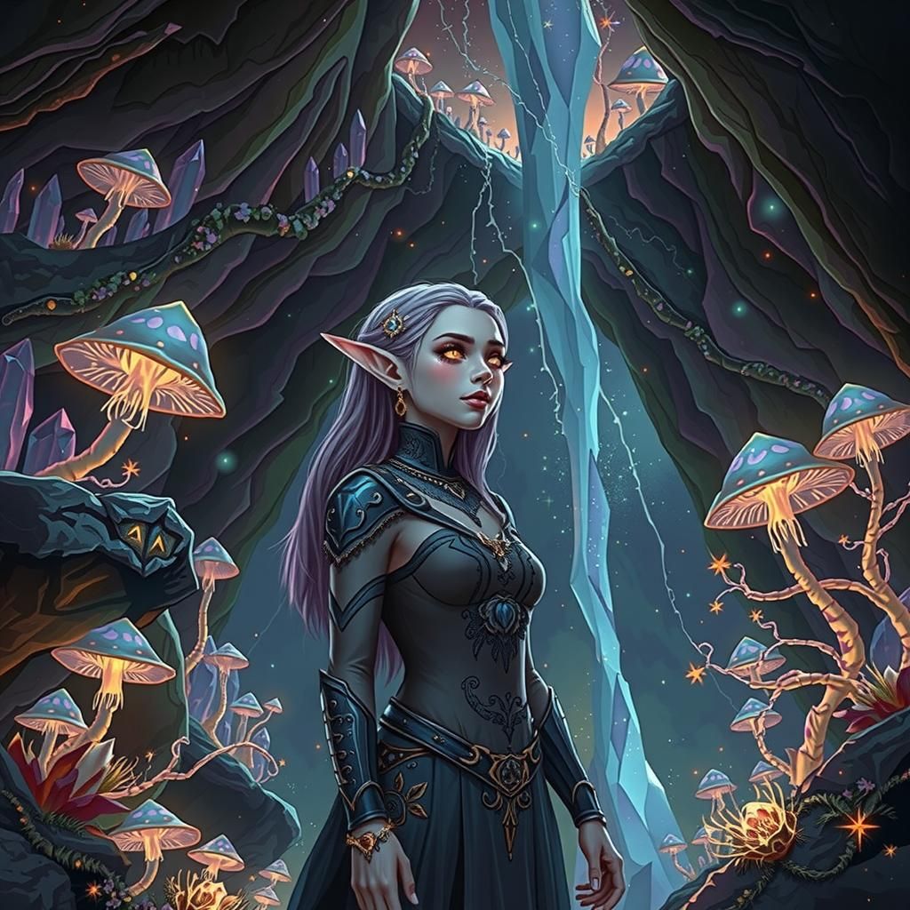 Cave Elf Girl in Bioluminescent Crystal Cavern