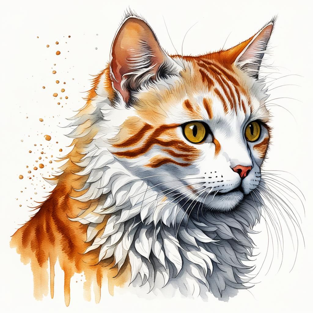 Whimsical Feline Portrait in Watercolor Style