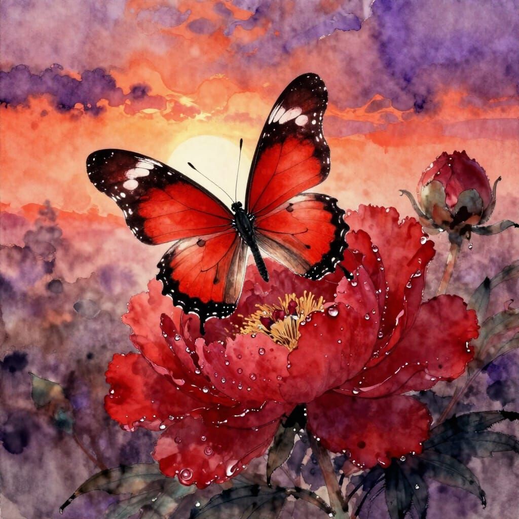 Red Butterfly on Peony at Sunset in Watercolor Ink Style
