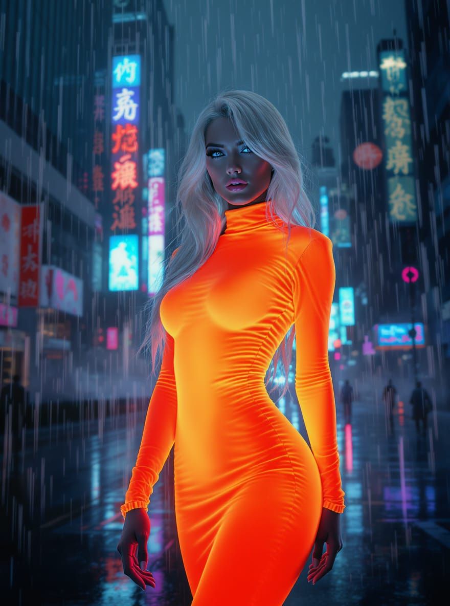 Futuristic Woman in Neon Cityscape: Cyberpunk Aesthetic