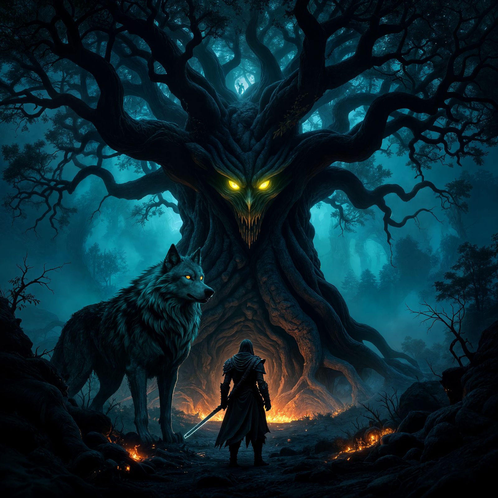 Adventurer Meets Glowing Wolf Guardian by Ancient Tree