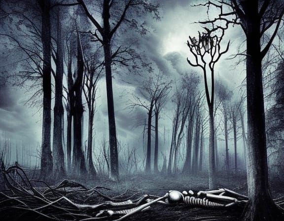 Gothic Skeleton Falls in a Haunted Forest Under Dark Gothic...