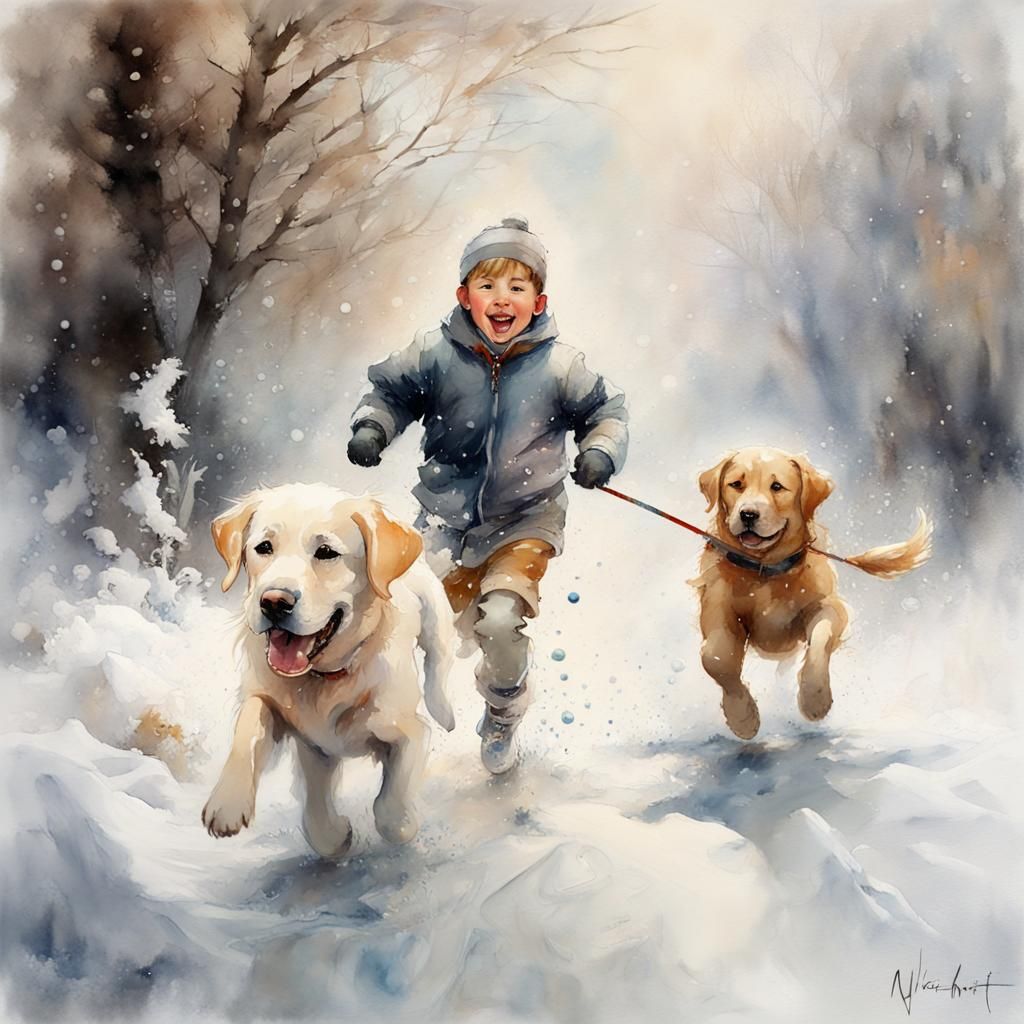 Joyful Boy Runs with Labrador in Winter Wonderland