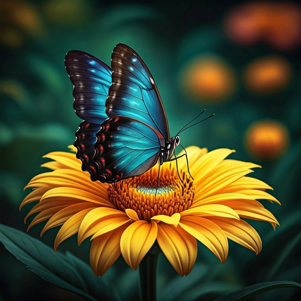 Surreal Blue Morpho Butterfly in Vibrant Garden Scene