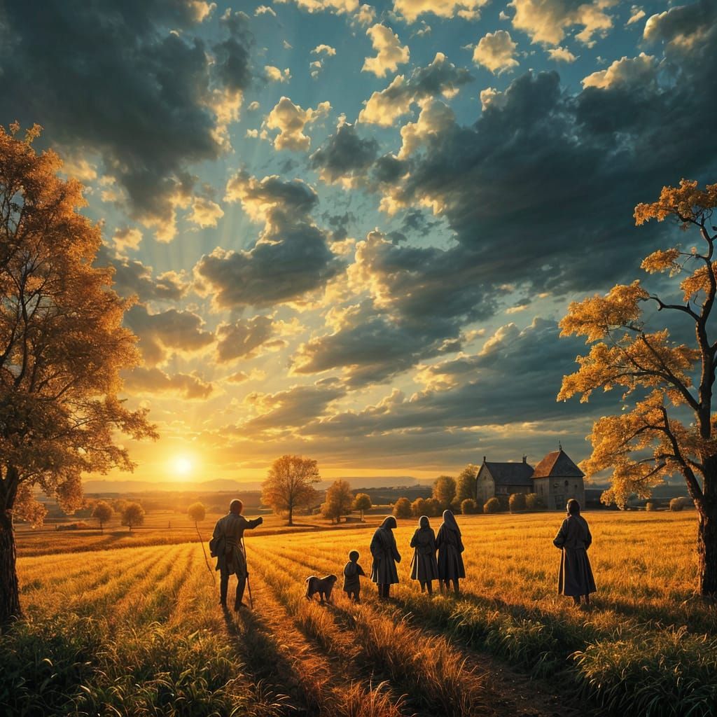 Autumn Harvest Scene in Medieval Twilight