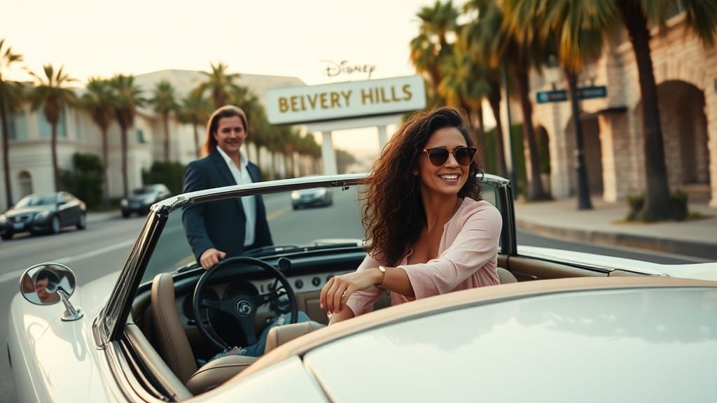 Young Woman Cruises Beverly Hills with Brad Pitt in a Golden...