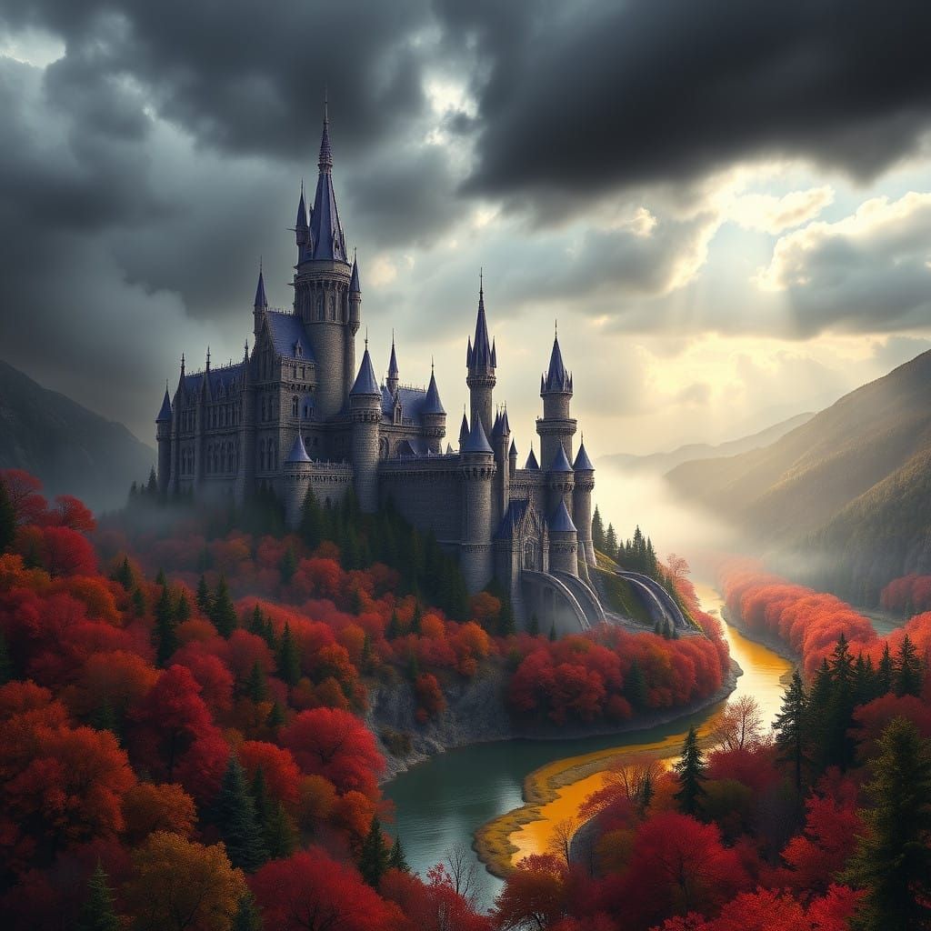 Majestic Purple Castle Amidst Crimson Forest in Hyper-Detail...