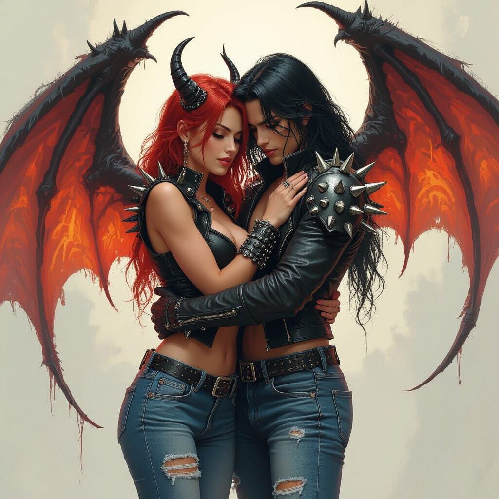 Biker Chick Embraces Fiery Demon in Dark Fantasy Cyberpunk S...