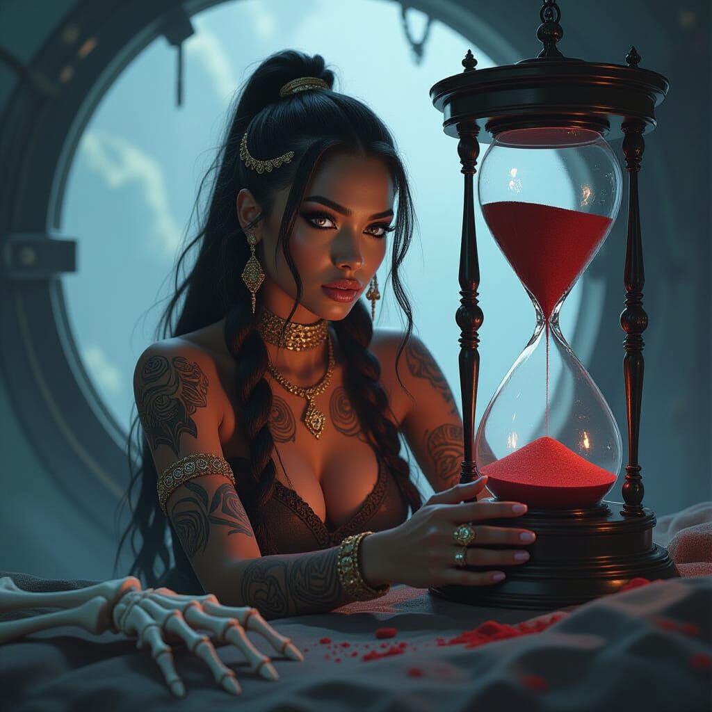 Tattooed Woman in Time Machine: Cyberpunk Dark Fantasy