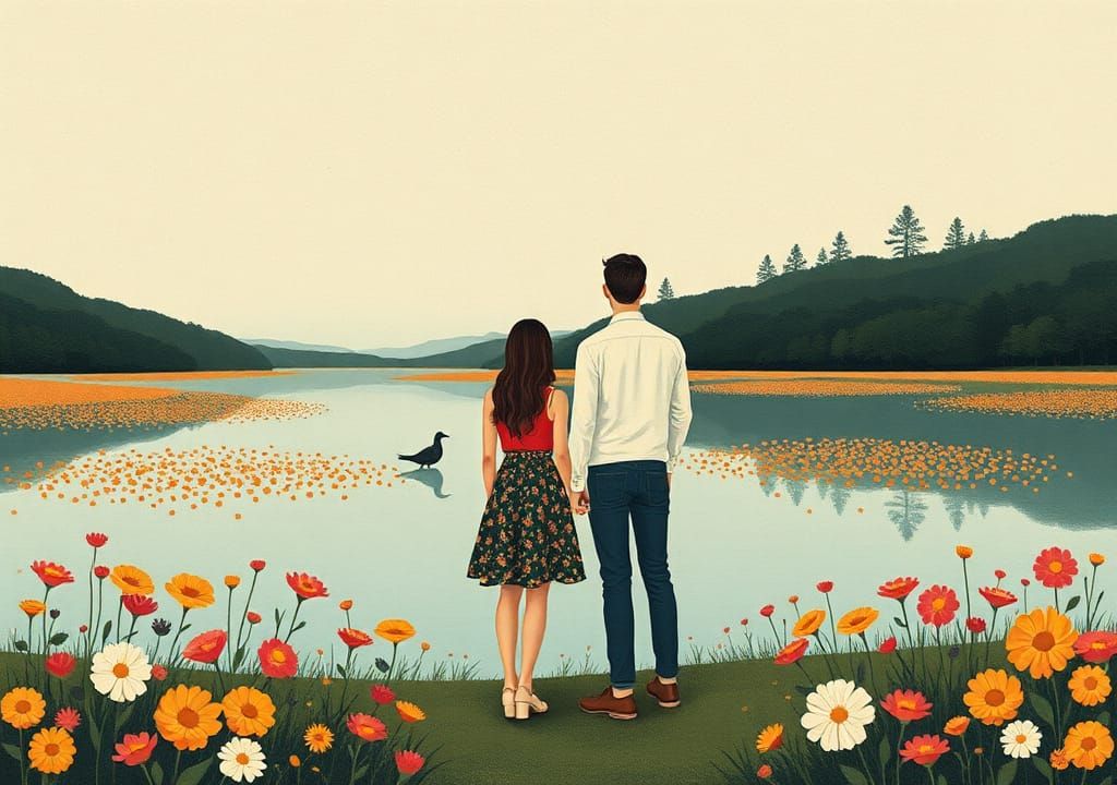 Couple Amidst Serene Floral Lake Landscapes