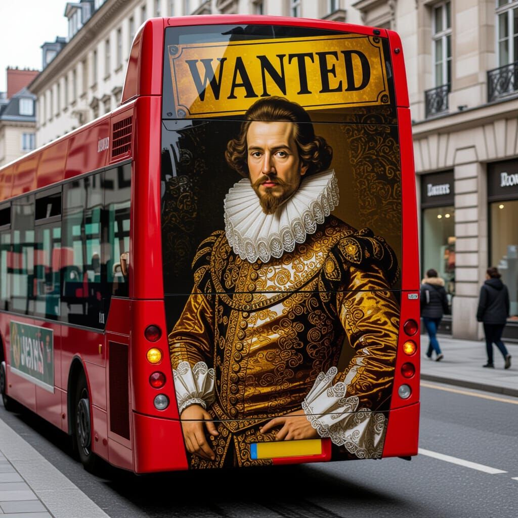 Baroque Bus Ad with Golden "WANTED" Sign