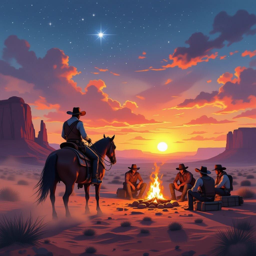 Lone Cowboy in Dusty Sunset Gouache Painting