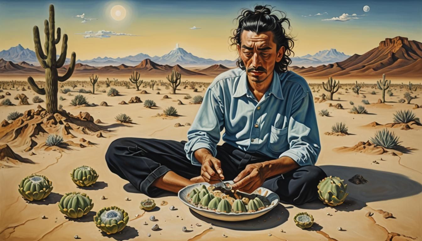 Surrealist Scene of a Man Eating Peyote in the Mexican Deser...
