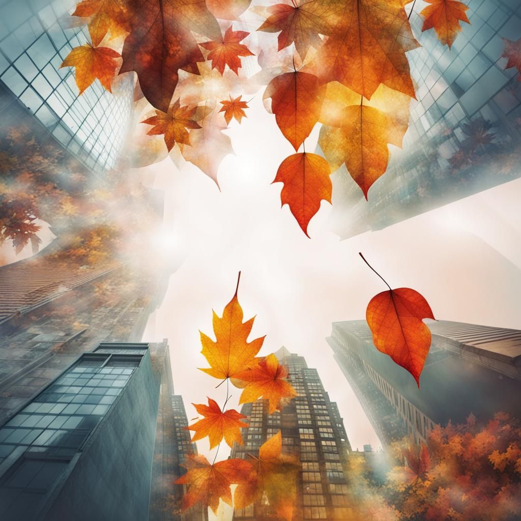 Vibrant Autumn Leaves Blur with City Skyline