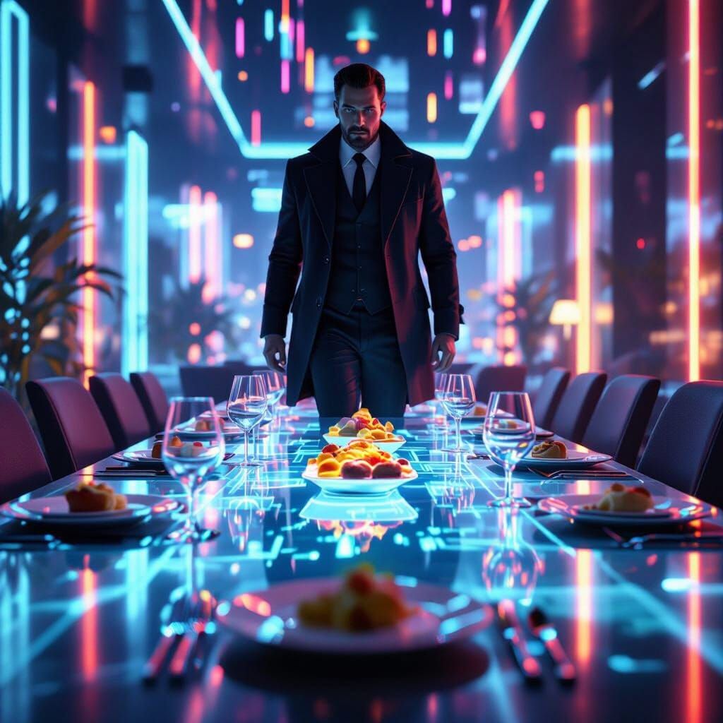 Detective in a Neon Dining Hall: Futuristic Close-Up