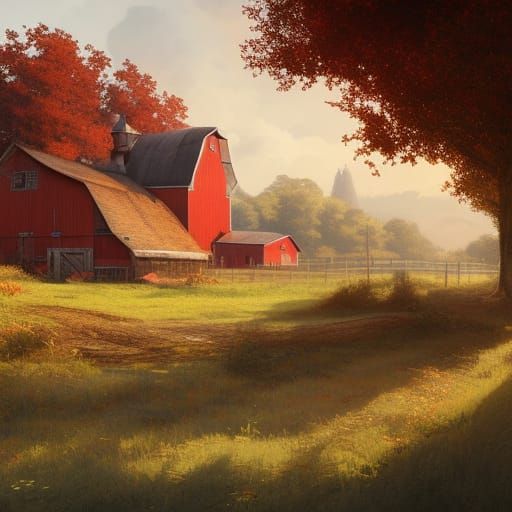 Surreal Farm Scene with Vibrant Red Barn in Hyperdetailed Co...