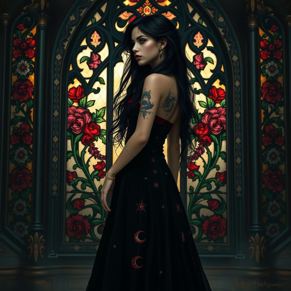 Gothic Goddess Amidst Vibrant Stained Glass
