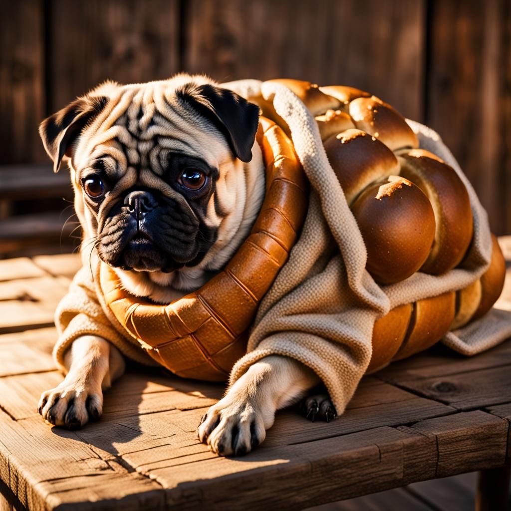 Hyperrealistic Pug Bread Roll Portrait in Golden Hour