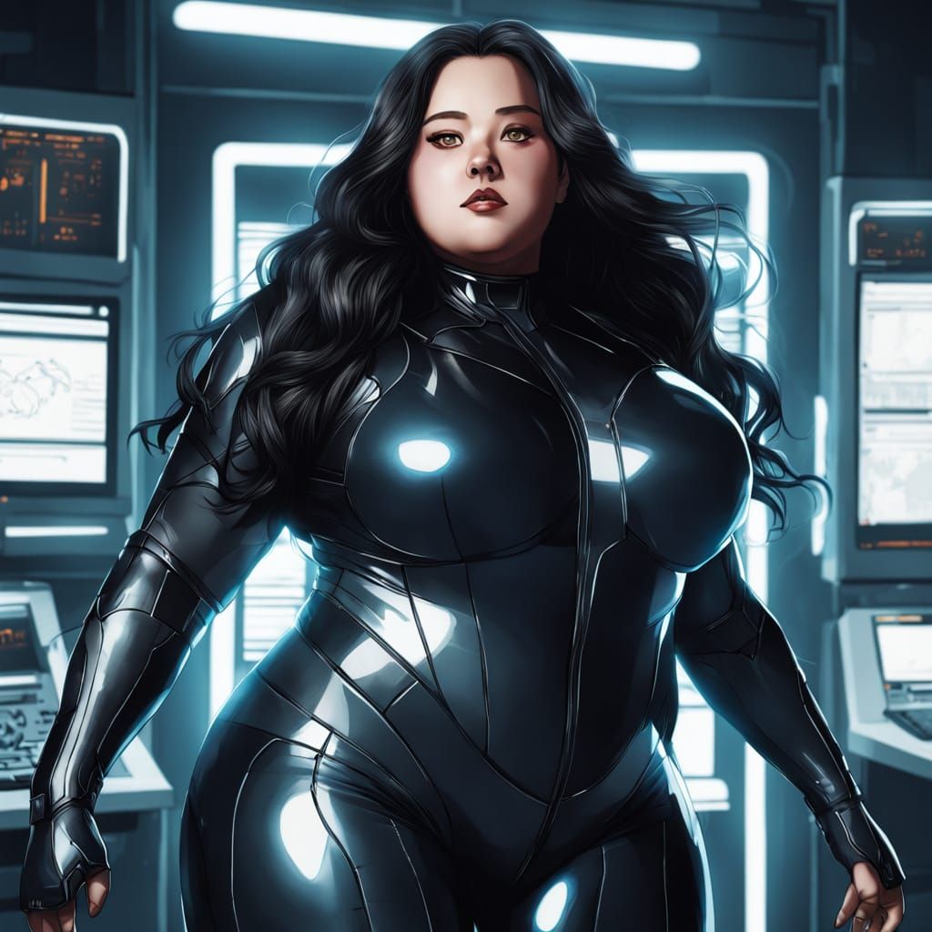 A Plus-Sized Futuristic Female Scientist in a Hi-Tech Enviro...